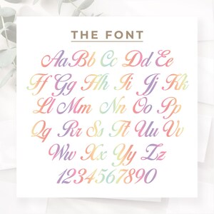 May include: A white card displays the text "THE FONT" above a rainbow-colored alphabet and numbers. The letters are in a cursive style, with each letter and number transitioning through pastel colors.