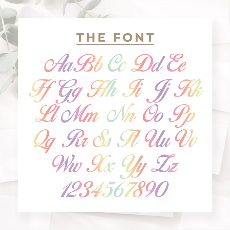 May include: A white card displays the text "THE FONT" above a rainbow-colored alphabet and numbers. The letters are in a cursive style, with each letter and number transitioning through pastel colors.