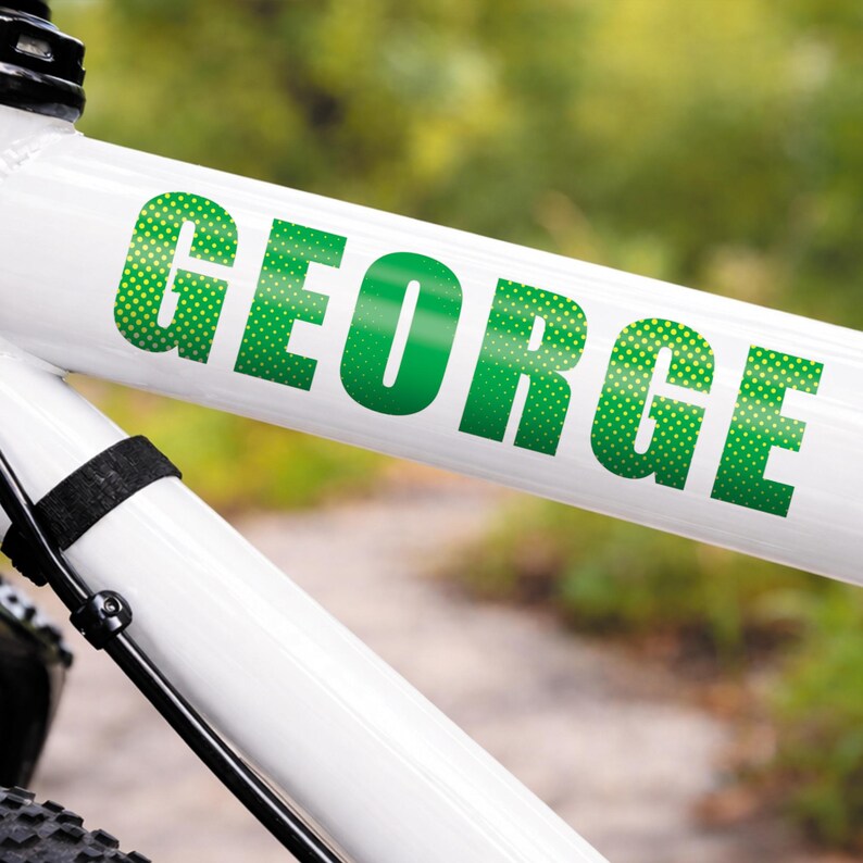 Puede incluir: Primer plano de un cuadro de bicicleta blanco con el nombre "GEORGE" en letras grandes, verdes y punteadas. El cuadro est&aacute; en &aacute;ngulo, con una correa y un cable negros visibles. El fondo es verde borroso.
