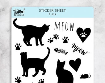 Cat Silhouette Icons Stickers Vinyl Sticker Sheet | 22 stickers