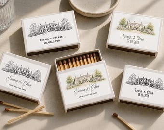 Personalised Wedding Matchbox STICKERS, Custom Venue Illustration Labels, Wedding Favour Stickers, Match Box Labels, Wedding Venue Stickers