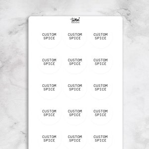 BENUTZERDEFINIERTE Minimalistische runde Gewürzglas-Etiketten | Klar oder Weiß Sticker Blatt | 15 Etiketten pro Bogen | Wasserfeste Etiketten