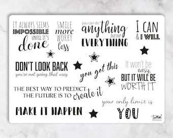 May include: A white background with black text and star shapes. The text includes inspirational quotes such as "It always seems impossible until it's done", "Smile more worry less", "You can do anything but not everything", "I can & I will", "Don't look back you're not going that way", "You got this", "The best way to predict the future is to create it", "Make it happen", "It won't be easy, but it will be worth it", "Your only limit is you".