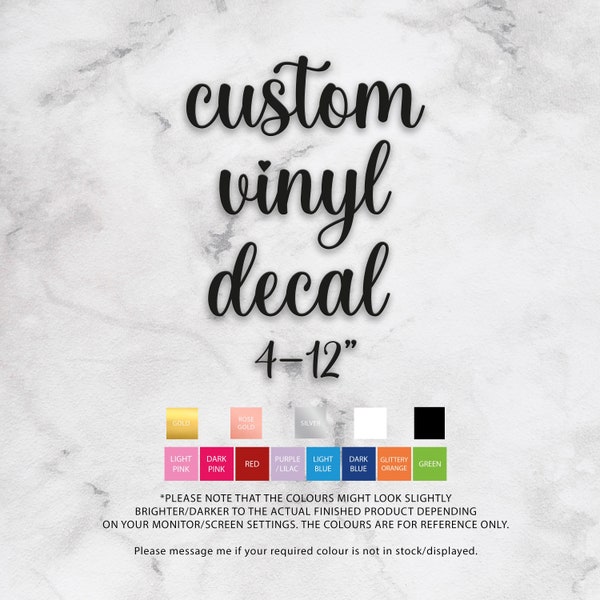 Aangepaste tekst zelfklevende vinyl sticker, personaliseerbare vinyls, kleine tot middelgrote maten 4-12 inch, goud, zilver, rosé goud, verschillende kleuren