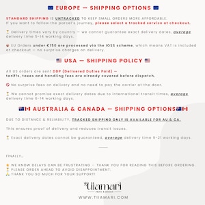 May include: A white background with text detailing shipping options for Europe, the USA, Australia, and Canada. The text includes information about delivery times, tracking, and customs fees. The logo for Tiiamari is at the bottom.