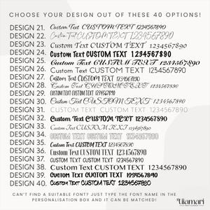 May include: A chart displaying 20 font design options numbered 21 through 40, each showing the phrase Custom Text, CUSTOM TEXT, and the numbers 1234567890. The top text reads CHOOSE YOUR DESIGN OUT OF THESE 40 OPTIONS! and the bottom includes instructions.