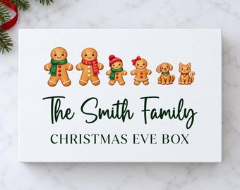Personalised Christmas Eve Box Sticker, Gingerbread Family & Pets, Custom Name Decal, Optional Blank Gift Box