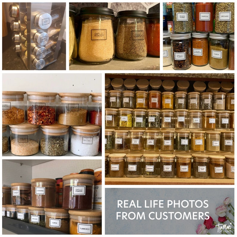 May include: A collection of glass spice jars with wooden lids, neatly arranged on shelves and in a metal rack. Each jar is labeled with the spice name in a clear, white font. The image showcases a variety of spices, including garlic powder, cinnamon, and turmeric.