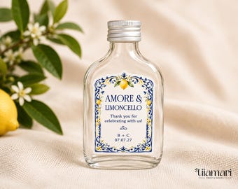 Personalised Amore Limoncello Wedding Labels, Italian Amalfi Coast Favours Stickers