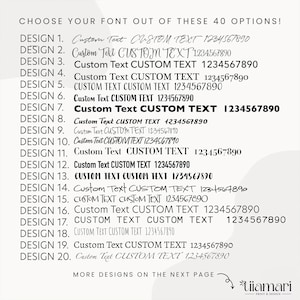 May include: A font selection chart displaying 20 numbered design options, each showing the phrase Custom Text, CUSTOM TEXT, and the numbers 1234567890 in various black typefaces. The header reads CHOOSE YOUR FONT OUT OF THESE 40 OPTIONS!