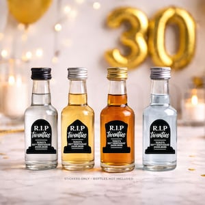 RIP Twenties 30. Geburtstag Aufkleber, Grabstein Party Geschenk Etiketten, lustige Mini Flaschenetiketten, Meilenstein Geburtstagsdeko