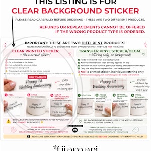 May include: An informational graphic comparing a clear printed sticker and a transfer vinyl decal. The text explains the application process for both, highlighting that the clear sticker retains its background while the vinyl decal does not.