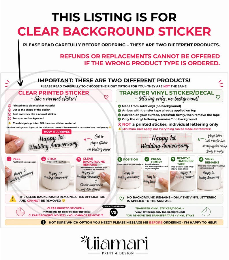 May include: An informational graphic comparing a clear printed sticker and a transfer vinyl decal. The text explains the application process for both, highlighting that the clear sticker retains its background while the vinyl decal does not.