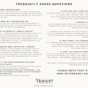 May include: A cream-coloured document titled "FREQUENTLY ASKED QUESTIONS" in bold, black text. The document lists numbered questions and answers about custom sticker orders, covering logos, file formats, and order specifics.