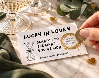 Personalised Wedding Scratch Cards, Lucky in Love Favour, Free Drink Prize (Martini, Disco, Champagne)