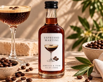 Personalised Espresso Martini Wedding Favour Labels, Mini Bottle Stickers, Custom Wedding Shot Labels