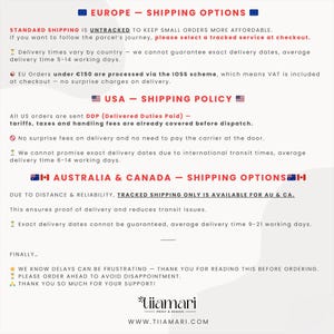 May include: A white graphic with text detailing shipping options and policies for Europe, the USA, Australia, and Canada. The text includes information about delivery times, tracking, and fees. The Tiiamari logo is at the bottom.