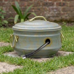 Hose Pot with Lid & Brass Accents – Stylish Outdoor Hose Storage