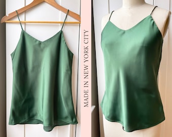 MADE IN NYC bias cut camisole top, V Neck Cami Top, satin cami top, tank top, summer tank, summer cami, cami top, slip on top - Green