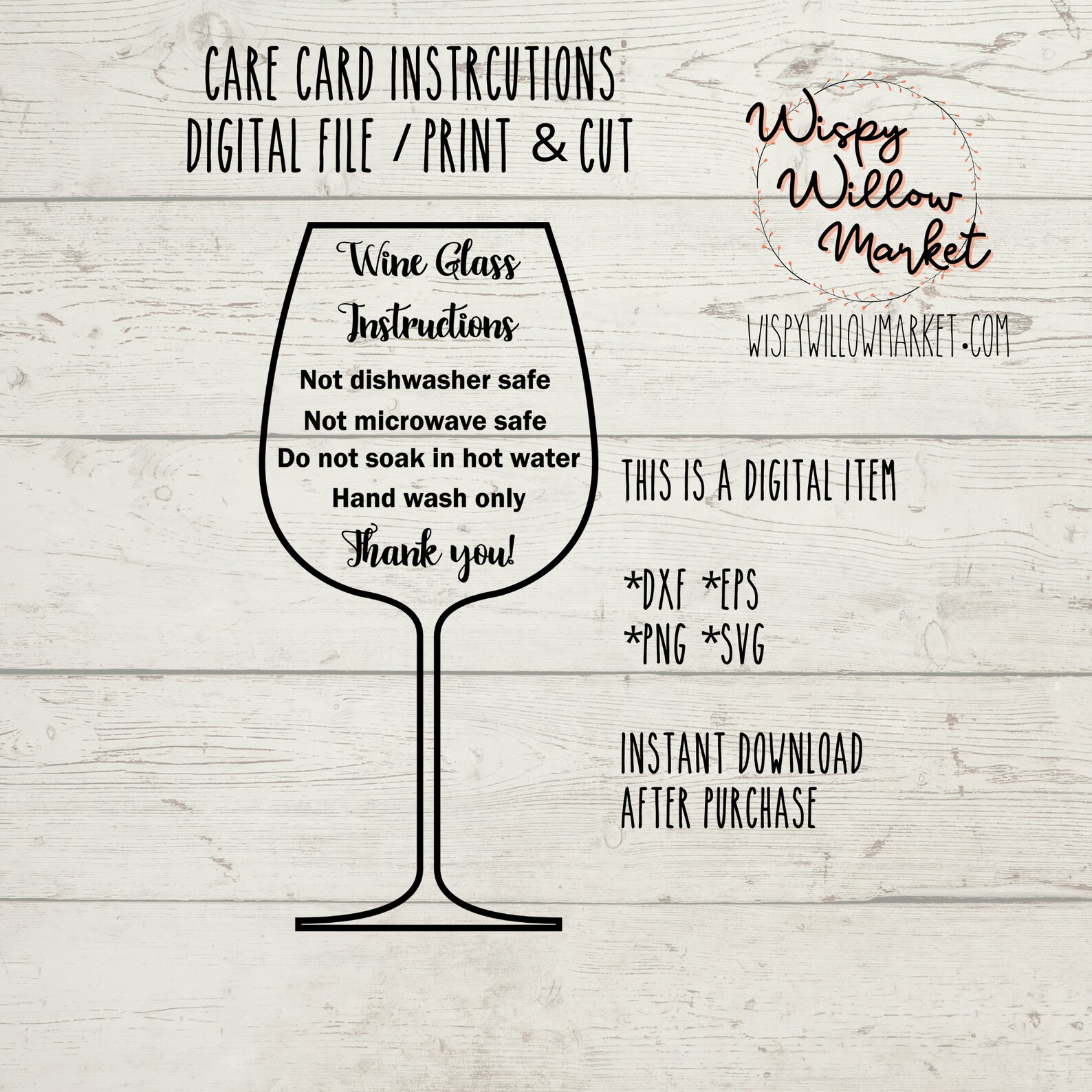 Wine Glass Care Card Washing Care Instruction Digital Etsy