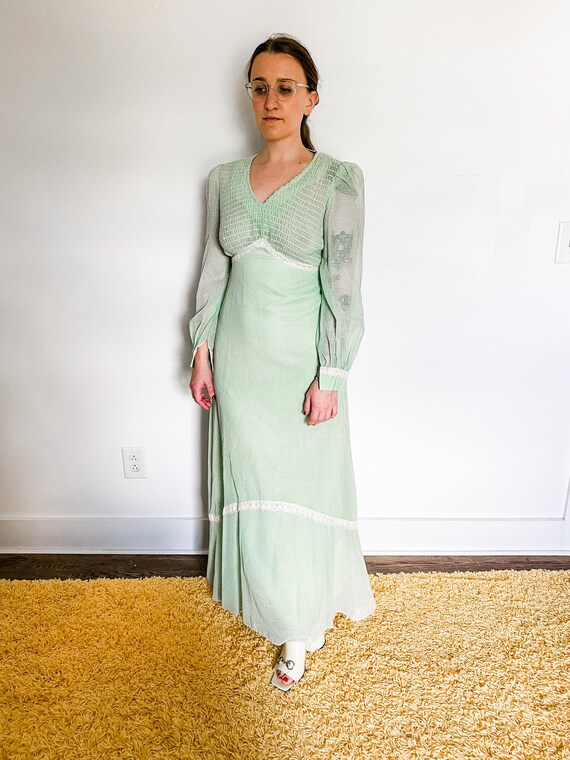 Vintage 1970s "Green Goddess" sheer shirred swiss