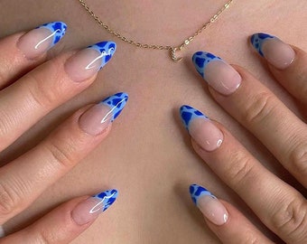 24 piezas Blue Leopard French Press On Nails Almond Press On - Etsy España