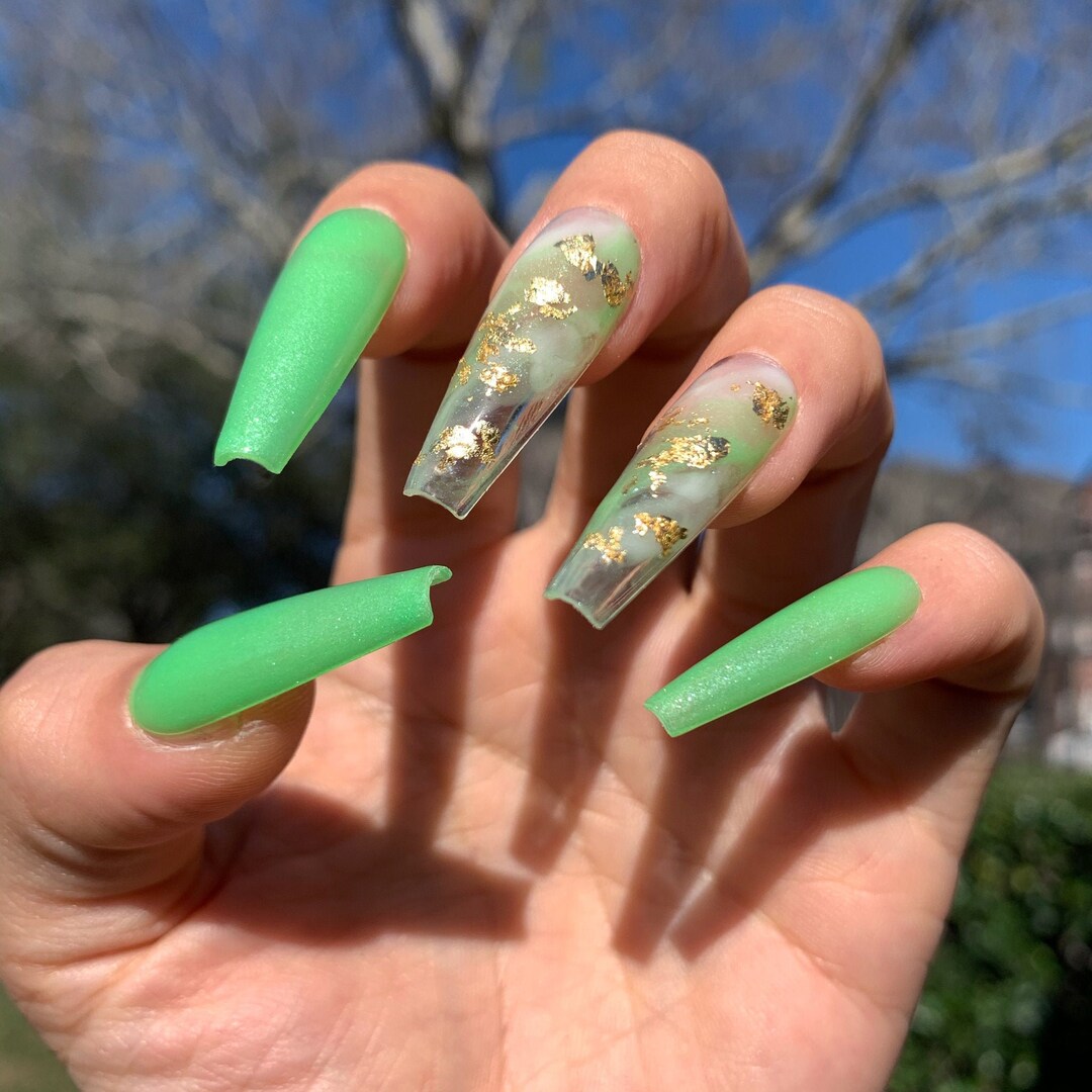 Green Jade Press on Nails Gold Flakes Marble Handmade - Etsy