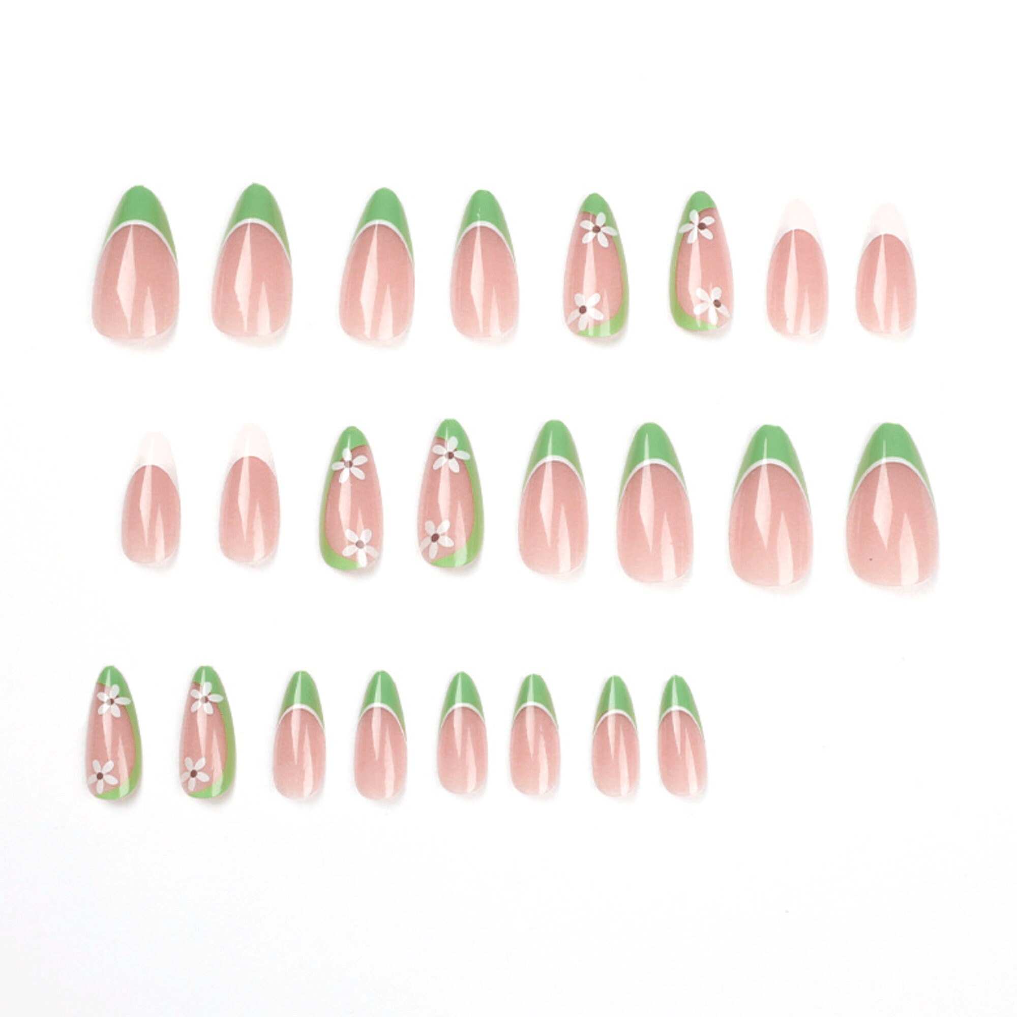24 Pcs Green French Daisy Flower Almond Press on Nails Short - Etsy
