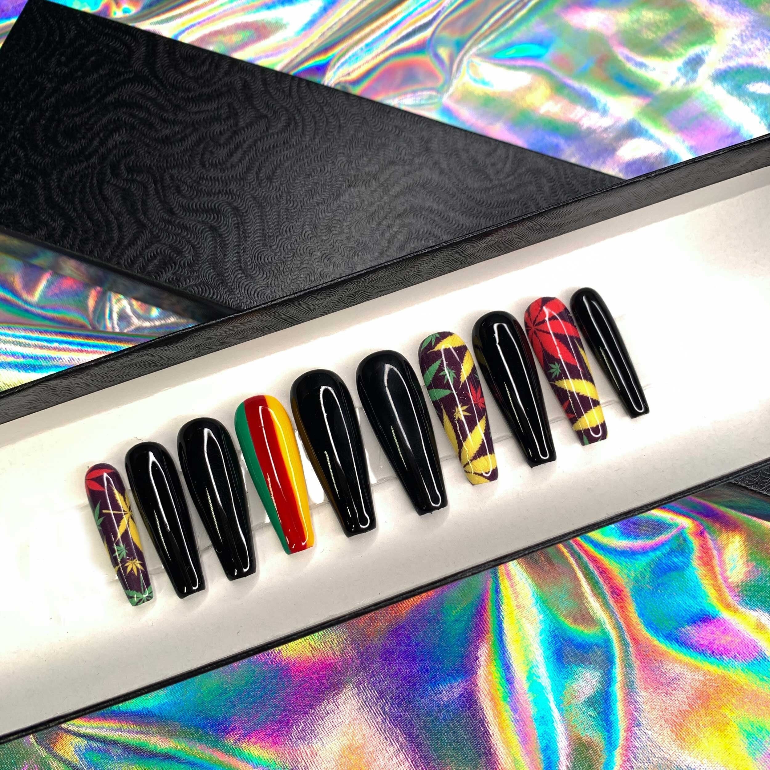 420 Weed Pot Leaf Press on Nails Rasta Nails Custom Made - Etsy