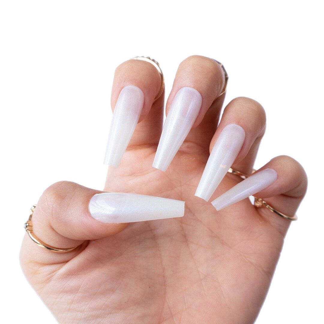 Pearly White Press on Nails Long Coffin 24 Pcs Reusable Etsy