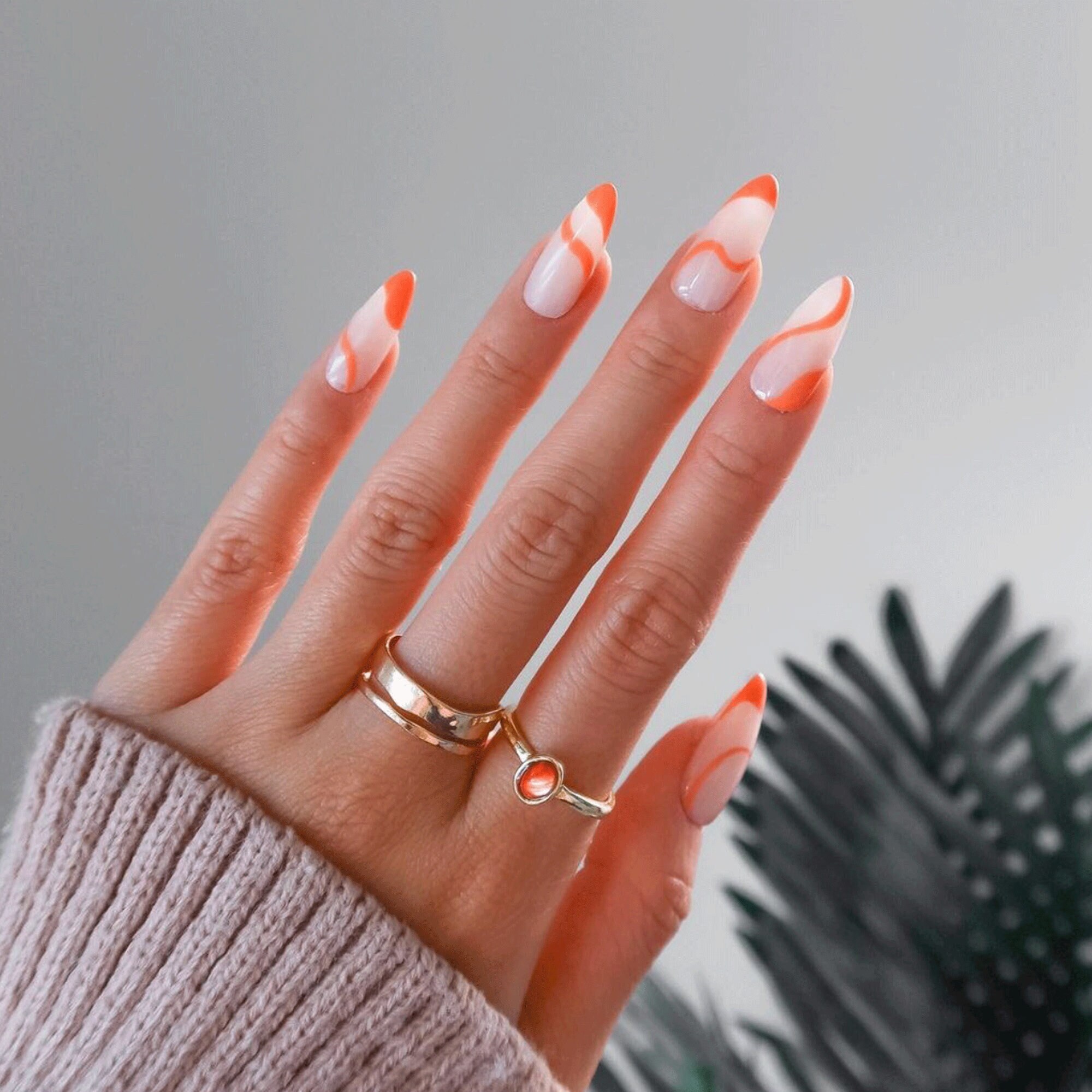 24 Pcs Orange Creamsicle Swirl Line Art Press on Nails Short Etsy