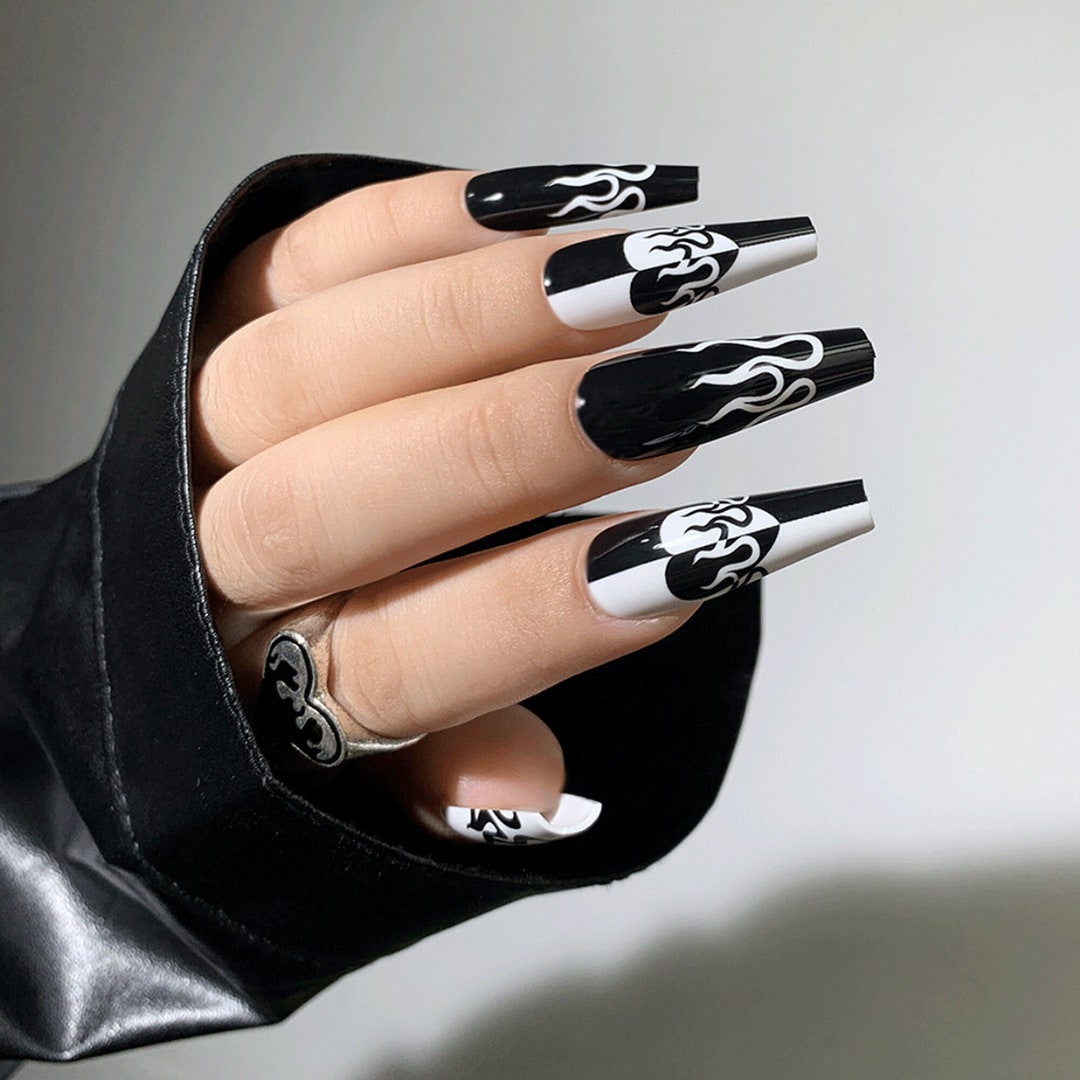 24 Pcs Flames of Heart Press on Nails Fire Nails Coffin - Etsy