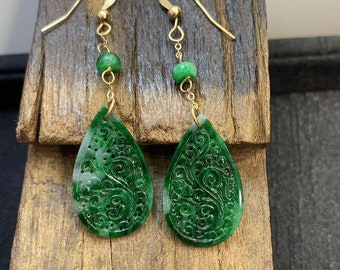 Natural jadeite ,type A, 18k, earrings, im perial green,delicate artistic carving ,boutique