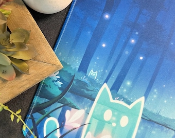 Forest Cats TCG Playmat / Desk Mat (24″x14″) w Drawstring Bag for Trading Card Games - Compatible with Magic: The Gathering (MTG), Pokemon