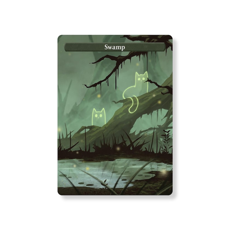 Op de afbeelding: Een groen moeraslandschap met een vijver en twee gloeiende katten-silhouetten in de bomen. De tekst "Swamp" staat bovenaan de afbeelding.