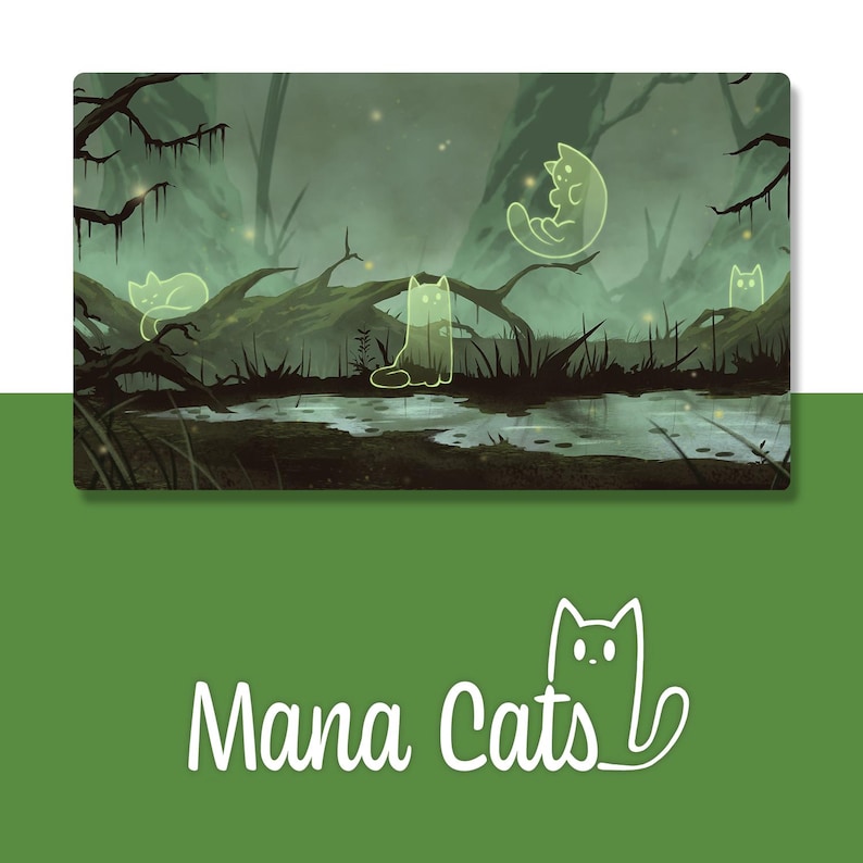 May include: A digital illustration of a swampy forest with glowing green cats. The text "Mana Cats" is written in white cursive at the bottom of the image.
