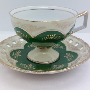 Vintage Footed Tea Cup And Saucer Green And Gold Hand Painted Made In Japan