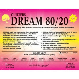 May include: A pink and yellow graphic with the text "QUILTERS DREAM 80/20" and product details. The text describes a blend of cotton and microfiber for quilting. Sizes include Craft 46" x 36" to King 122" x 120".