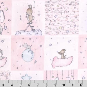May include: A pink and white fabric with a repeating pattern of clouds, stars, and animals. The animals include elephants, rabbits, and a giraffe. The fabric is perfect for baby blankets, quilts, and other sewing projects.