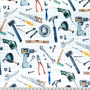 May include: White fabric with a grid pattern, featuring a scattered arrangement of hand tools. The tools include hammers, saws, drills, wrenches, screwdrivers, pliers, and paint brushes in shades of blue, gray, orange, and yellow.