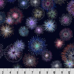 Könnte beinhalten: Ein dunkelblaues Hintergrundmuster mit farbenfrohen Feuerwerkskörpern in verschiedenen Größen. Die Feuerwerke sind in den Farbtönen Rosa, Lila, Blau, Orange und Weiß gehalten. Das Bild hat ein festliches und feierliches Thema.