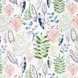 May include: A seamless pattern featuring a white background with a repeating design of pink and green stylized flowers and leaves.