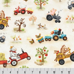 May include: A colorful fabric featuring a repeating pattern of farm animals driving tractors. The animals include a horse, a cow, a pig, a rooster, and a rabbit. The background is a light beige color.