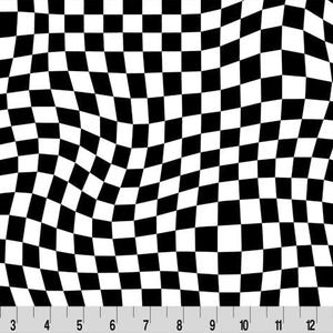May include: Black and white checkered pattern with a warped, wavy design. The pattern is made up of squares and is measured with an inch ruler at the bottom. The design is a classic, retro style.