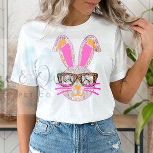 Bunny with Glasses Shirt, Sparkly Easter Shirt, Bunny Faux Glitter Shirt, Spring Shirt, Easter Basket Gift, Easter shirts for women, Bunny