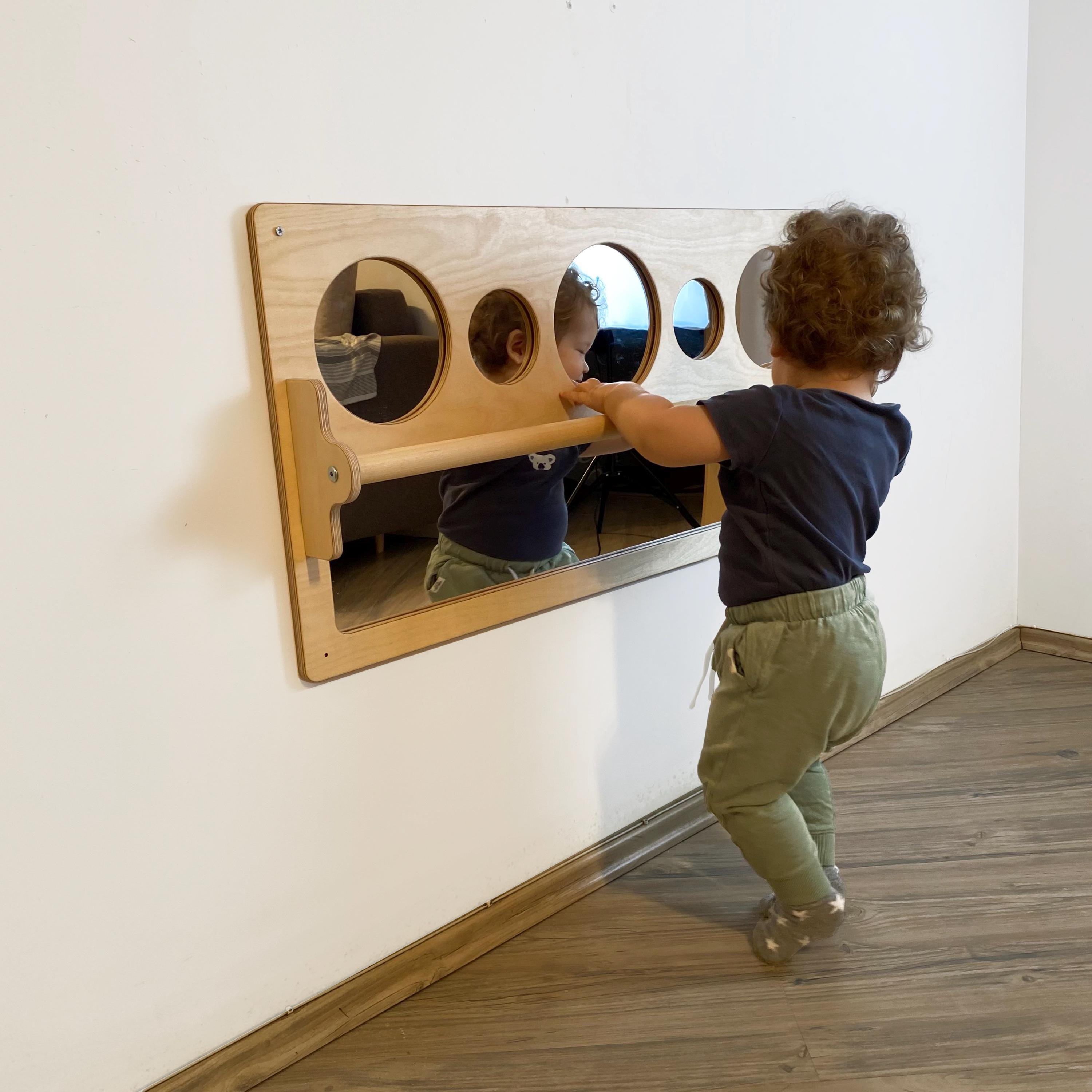 Montessori Mirror With Pull-Up Bar For Toddlers - 22x16 Inch, Wooden Balance Bar For Standing & Walking Practice