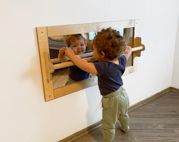 Montessori Mirror with Pull up Wooden bar, Gift For Kids Baby, Montessori Pull up Bar, Montessori Bar, Baby Floor Mirror, Baby Sensory Bar