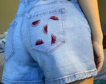 Embroidered Blood Orange Shorts, Embroidered Shorts, Embroidered Denim, Hand Embroidery, Handmade Shorts, Embroidered Fruit