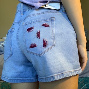 Embroidered Blood Orange Shorts, Embroidered Shorts, Embroidered Denim, Hand Embroidery, Handmade Shorts, Embroidered Fruit
