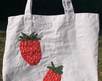 Embroidered Strawberry Tote Bag, Hand Embroidered Bag, Embroidered Strawberries, Handmade Tote Bag